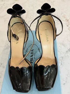 Prada Black Patent Leather Scalloped Peep-Toe Ankle-Strap Heels